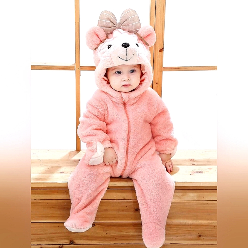Shein 3D Baby Bear Pink Fuzzy Warm Hoodie Onesie
